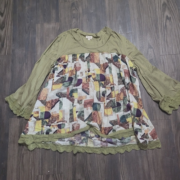 POL Earthy Patchwork Tunic Flowy Top Size M Oversized Bohemian Lace - Picture 3 of 5